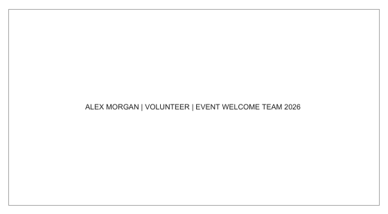 First badge cropped from the downloaded PDF: a 49-character name, volunteer role and event-team line appears much smaller within the same outline.