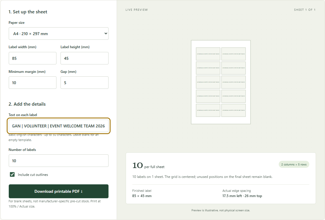 Actual Swetter label tool with the same badge settings but 49-character name and role text; the input field is horizontally scrolled and the result still shows two columns and five rows.