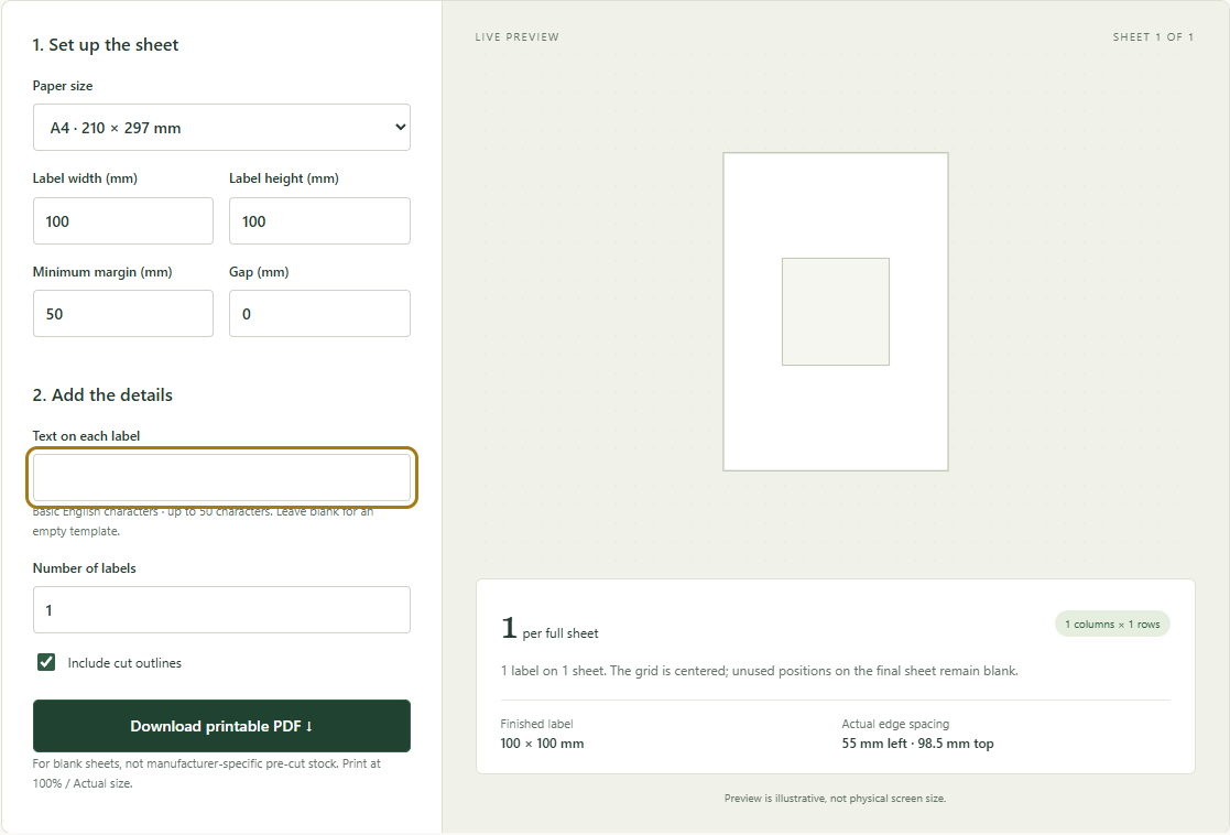 Actual label tool settings for one empty 100 by 100 mm square on A4, with a 50 mm minimum margin and cut outlines enabled.